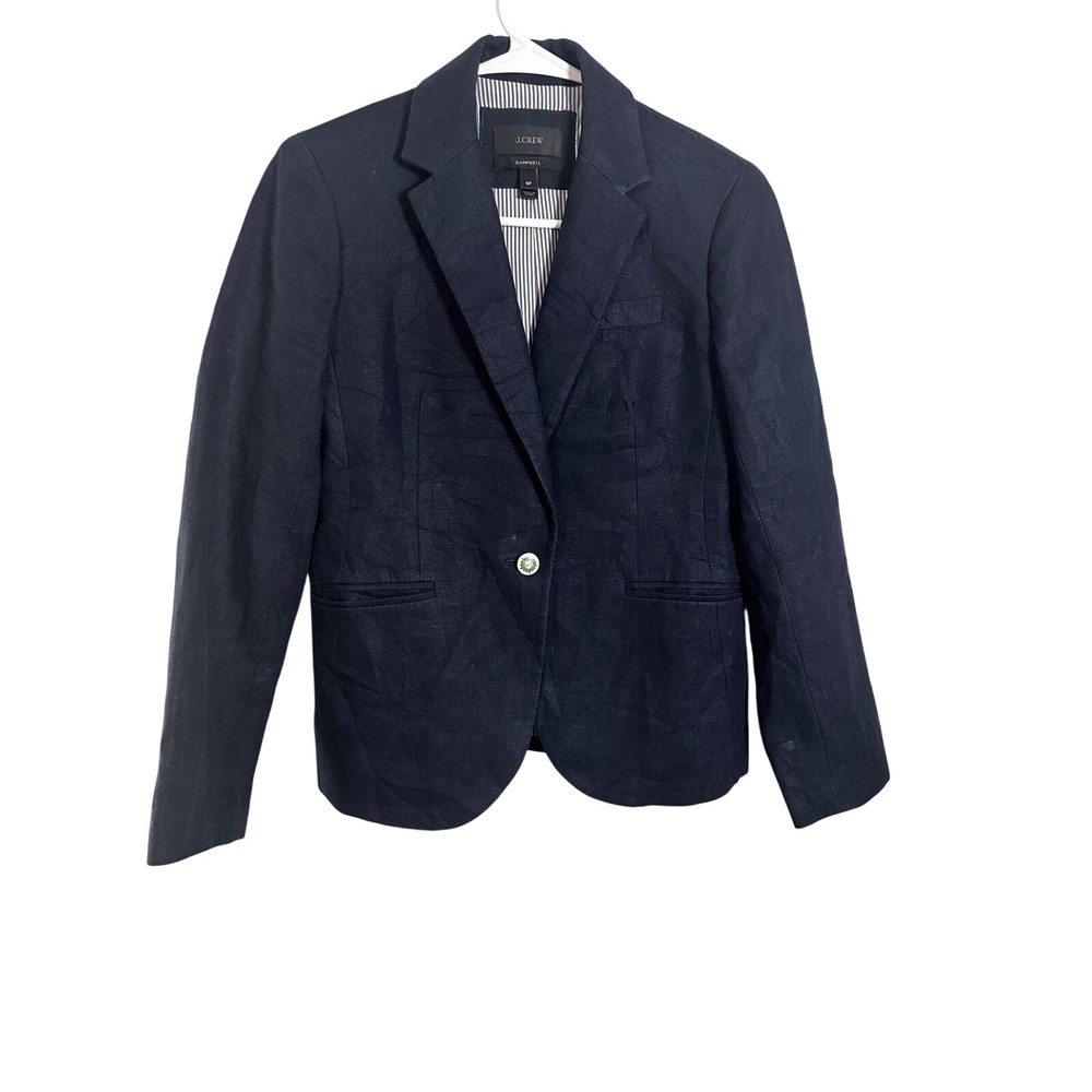 J.Crew Campbell Blazer Navy Blue 100% Linen Crest Button G3957 Womens 6P